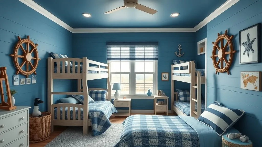 Blue ocean adventure kids room with nautical décor and cabin-style bunk beds.
