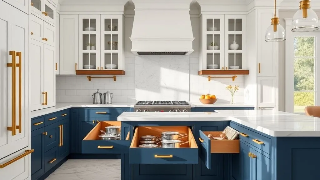 Kitchen Organization Ideas for a Clean and Functional Space 10 Blue and white kitchen with organized pull-out drawers and gold accents.