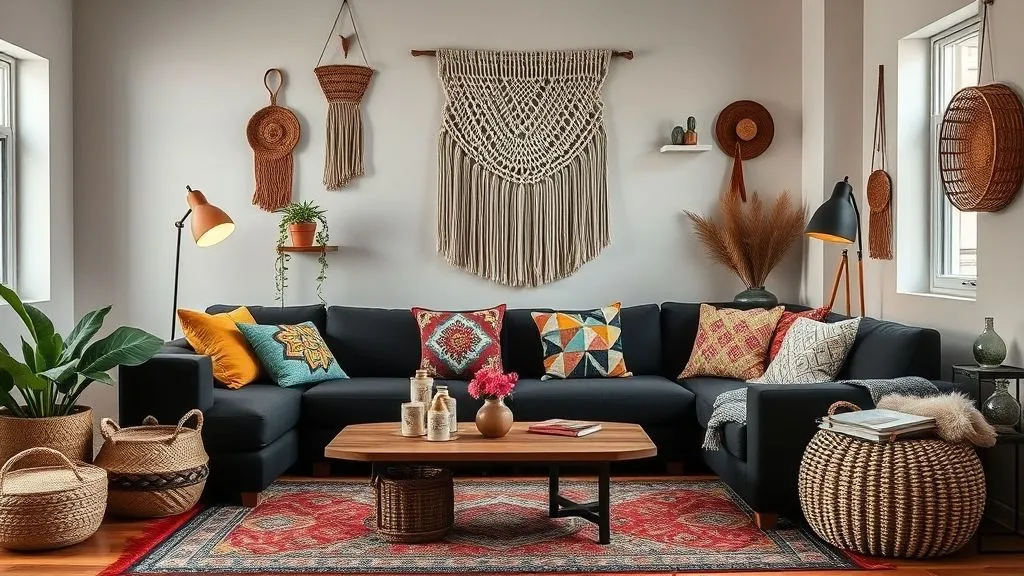 Black Couch Living Room Decor Ideas for a Stylish and Modern Home 8 Bohemian-style living room with black couch, vibrant textiles, and woven décor accents.