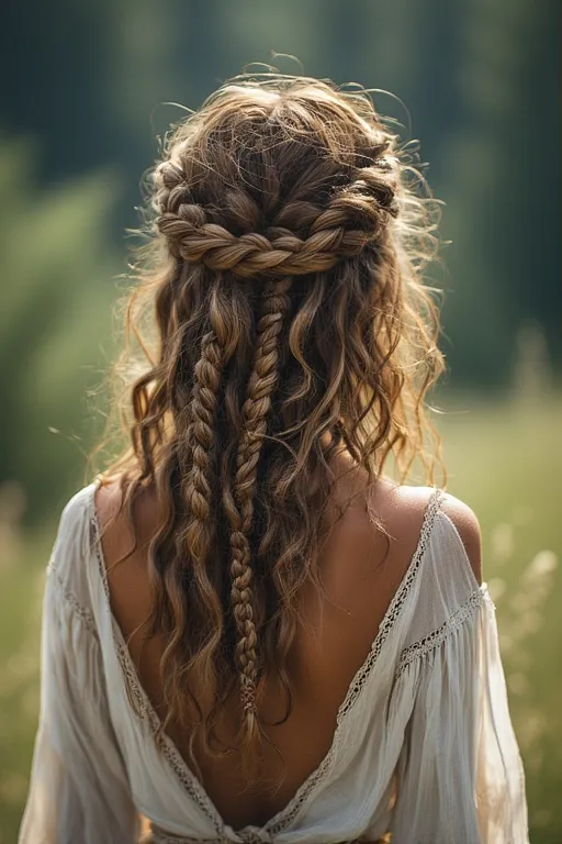Beautiful braided curly hairstyles 10 Woman with bohemian braids and curls styled for a relaxed, natural look.