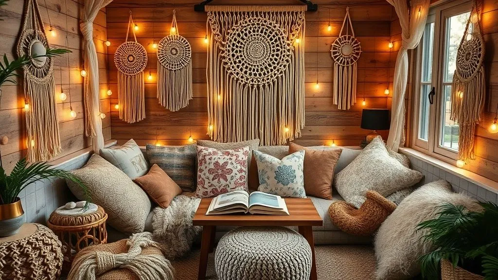 Beautiful and Cozy Reading Nook Ideas 4 Bohemian reading corner with pillows, poufs, and warm fairy lights