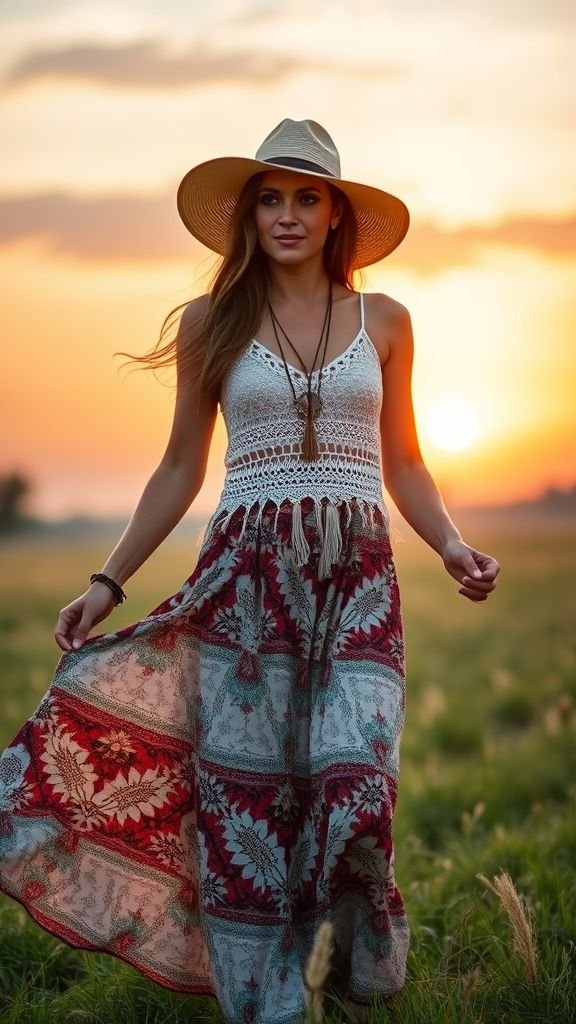 Woman in flowy boho outfit and hat expressing carefree bohemian style.