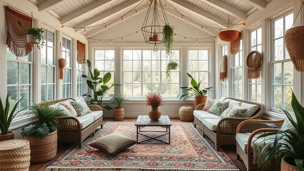 Bright & Cozy Sunroom Ideas 6 Bohemian sunroom with woven chairs, patterned rugs, and string lights.