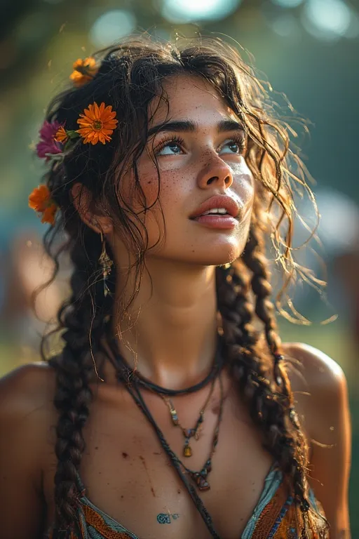 Beautiful braided and curly hairstyles guide 8 Bohemian braided and curly hairstyle with floral accessories for festival vibes.