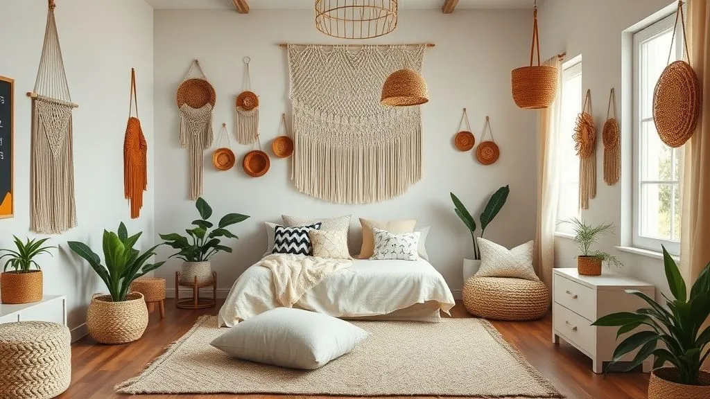 Boho chic kids bedroom with macramé décor, earthy tones, and cozy floor cushions.