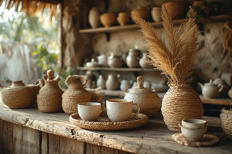 Cozy Coffee Bar Ideas for Every Home 12 Boho coffee bar with rattan décor, woven baskets, and neutral tones for a relaxed vibe.