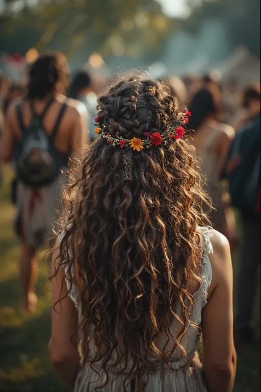 Boho curly hairstyle with natural waves and floral accents.
