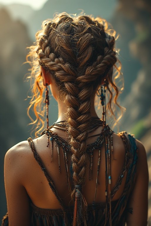 Bohemian-style braids with loose curls, adorned with beads and ribbons, set in an outdoor festival scene.
