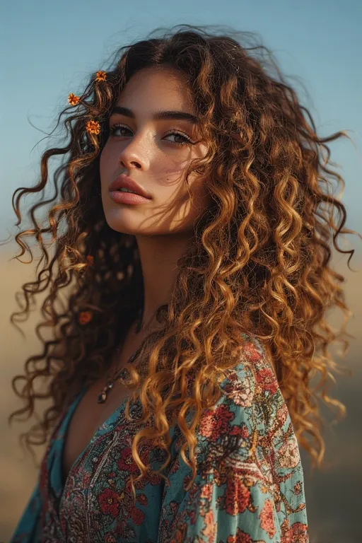 Boho curly hairstyle with natural texture and floral crown accessories.
