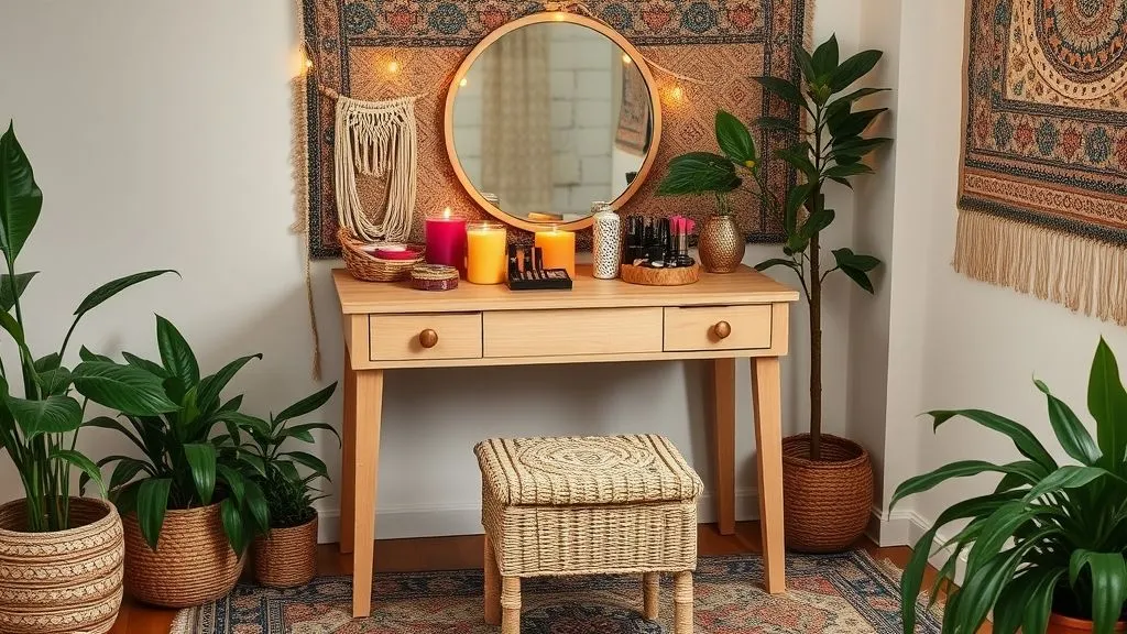 Vanity Decor Ideas for a Stylish Home 8 Boho-inspired vanity in 16:9 full view with eclectic décor, plants, and colorful makeup accents.