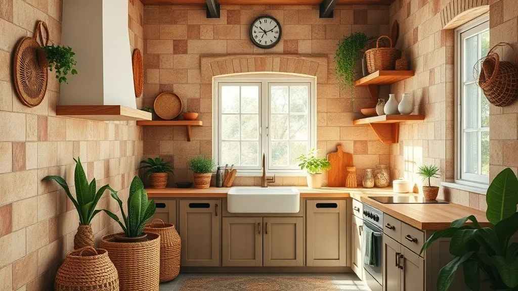 Kitchen Organization Ideas for a Clean and Functional Space 16 Boho kitchen with woven baskets, plants, and warm natural textures.