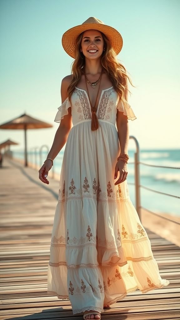 Cute outfits summer 7 Woman in embroidered boho maxi dress with hat near the ocean, representing dreamy summer bohemian style.