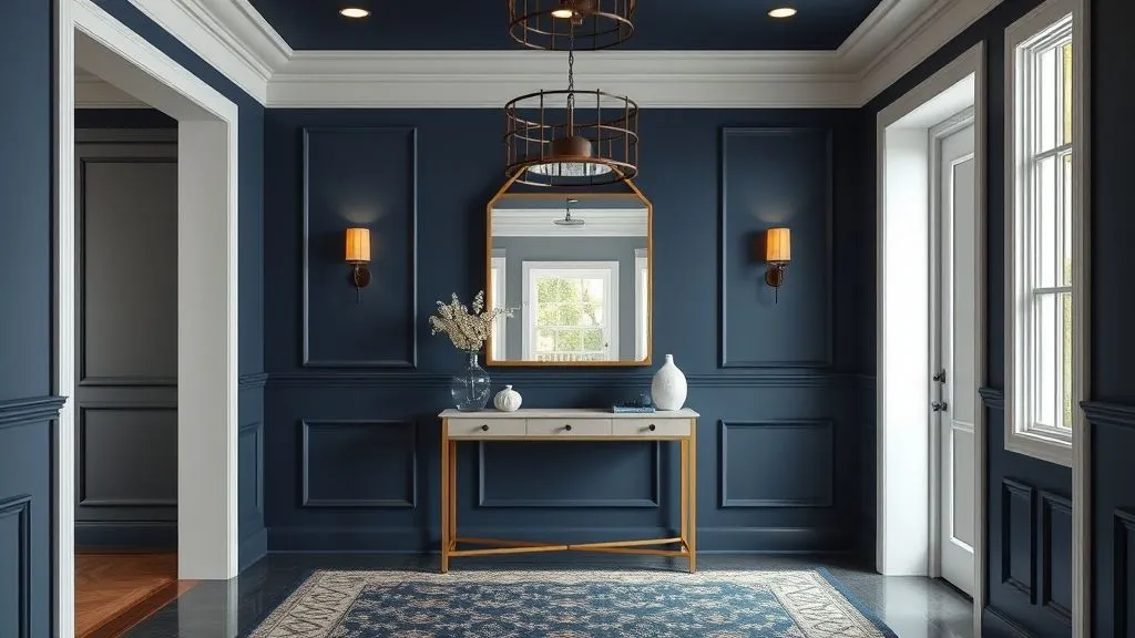 Modern entryway with dark accent wall and console table.