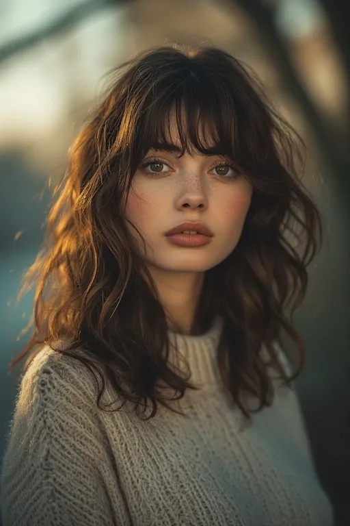 Fall hairstyle with soft curtain bangs framing the face.