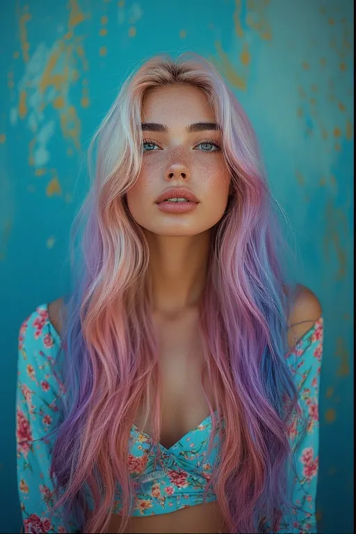 Modern fashion and style 5 Model with bold multicolored balayage hairstyle featuring vibrant fashion shades.