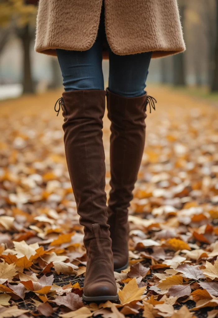 Fall Outfits Ideas For Cool Weather Style 8 Knee-high suede boots styled for chic fall fashion among autumn leaves.