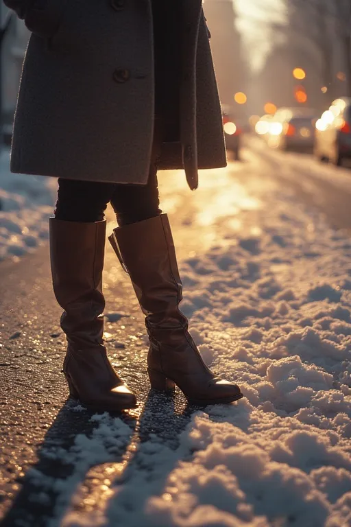 10+Winter Fashion Inspo Outfits Ideas 8 Close-up of knee-high leather boots paired with skirt and coat — statement footwear for winter street style.