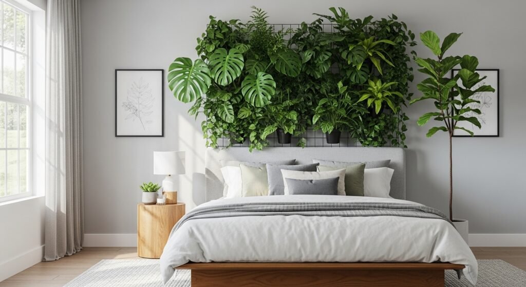16 Dreamy Plant Lover Bedroom Ideas to Inspire Natural Decor 5 Bedroom with a vertical trellis and framed botanical art behind the bed.