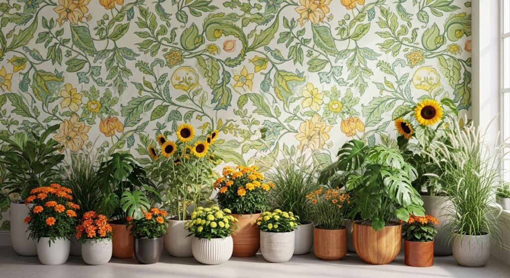 16 Creative DIY Ideas for a Modern Home Garden 13 Colorful botanical mural on a garden wall with potted plants.