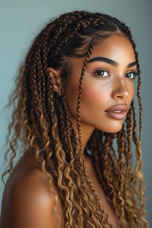 Braided & Curly Hairstyles 5 Woman with long box braids ending in curly tips, highlighting a protective and stylish braided curly look.