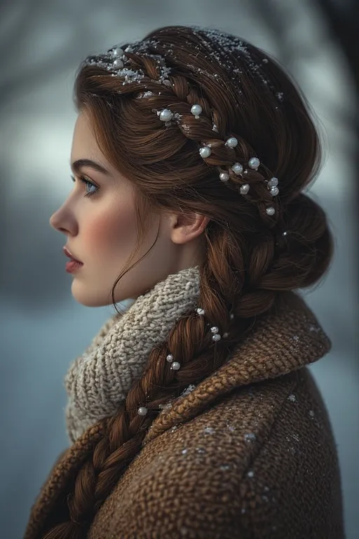 Winter Hairstyle Looks For Cozy And Chic Style 2025 6 Woman with elegant Dutch braid hairstyle decorated with pearls, enjoying winter outdoors.