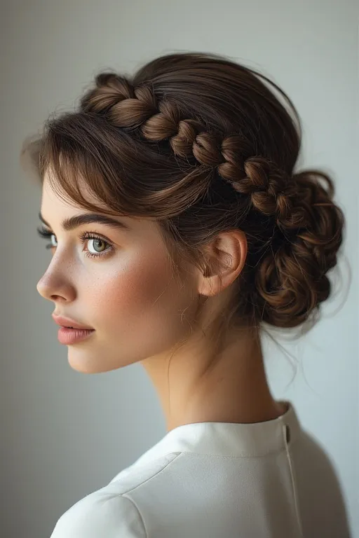Beautiful braided curly hairstyles 8 Woman with a braided bun hairstyle featuring loose curly touches.