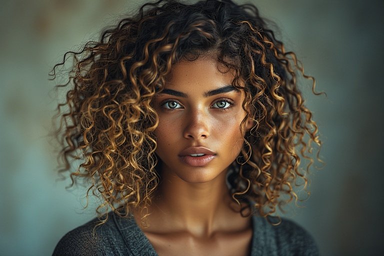 stylish woman with barided and curly hair,featurning voluminous curls and intricate braids for a bold, elegent look
