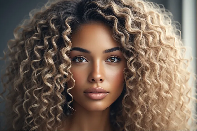 A woman with half braids and half curly hair, showcasing a creative mix of cornrows and voluminous curls in a studio portrait.