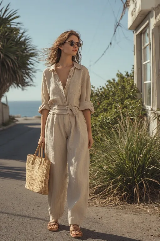 Woman in linen co-ord set with sandals and straw bag showcasing breezy summer elegance.