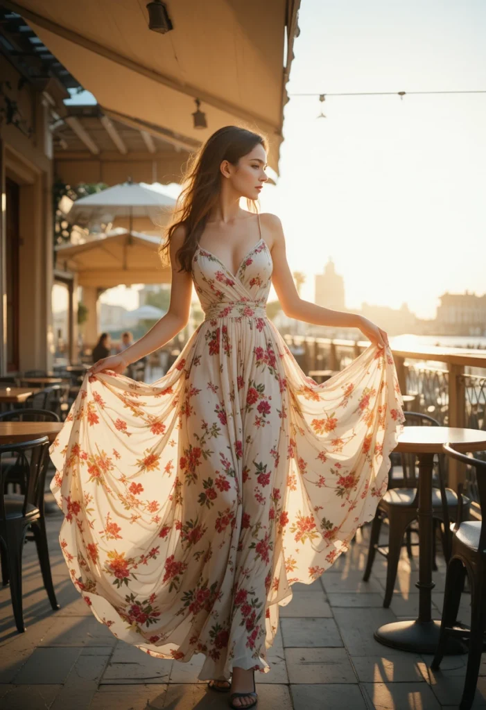 10+Chic Summer Style Inspiration Ideas 4 Flowy floral maxi dress styled for a breezy summer day-to-night look with soft sunset tones.