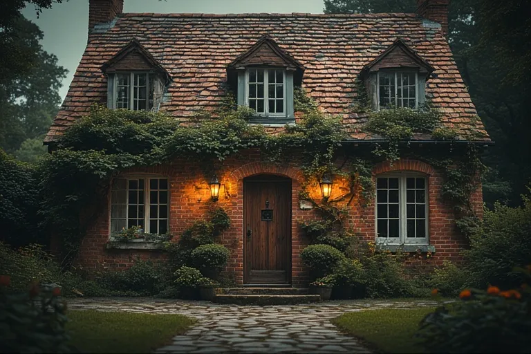 Charming Cottage Ideas for Timeless Comfort 11 Brick cottage with ivy-covered walls, white windows, and charming garden path.