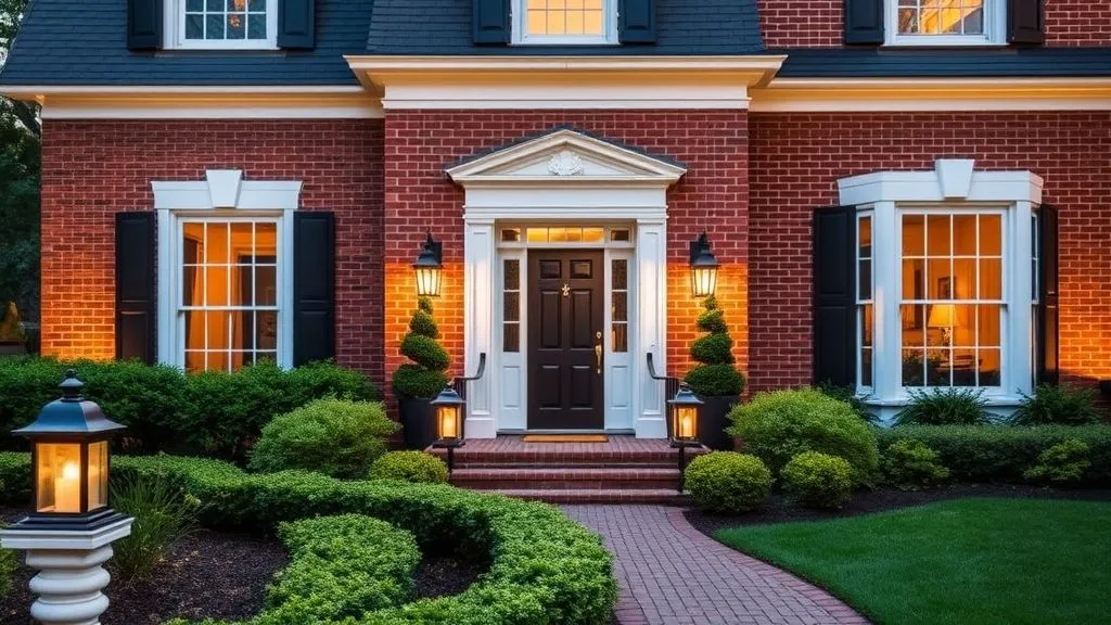Stunning House Designs Exterior Ideas 13 Classic red brick home with white mortar, black trim, and glowing lanterns surrounded by a well-kept garden at dusk.