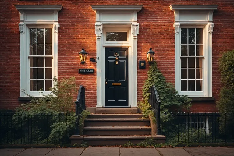 Chic Townhouse Exterior Designs 3 Full 16:9 view of a red brick townhouse with white trim, black door, and ivy details for timeless appeal.