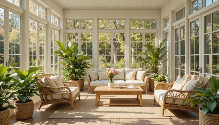 Bright and cozy sunroom with floor-to-ceiling windows, soft neutral furniture, plants, and natural sunlight creating a warm, inviting atmosphere.