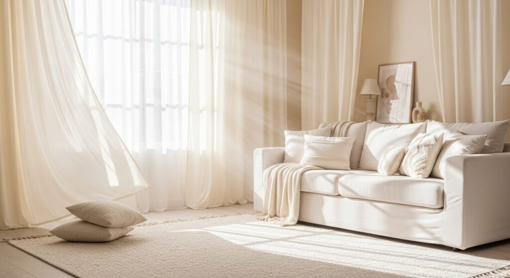 Cozy Home Interiors for Comfort and Timeless Charm 13 A cozy interior in cream white tones with natural sunlight and minimalist style.