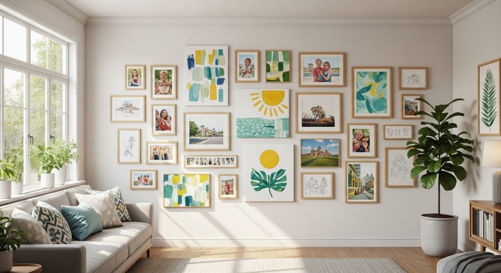 16 Budget-Friendly Living Room Makeover Ideas 7 Living room with DIY canvas art and photo gallery wall on a budget.