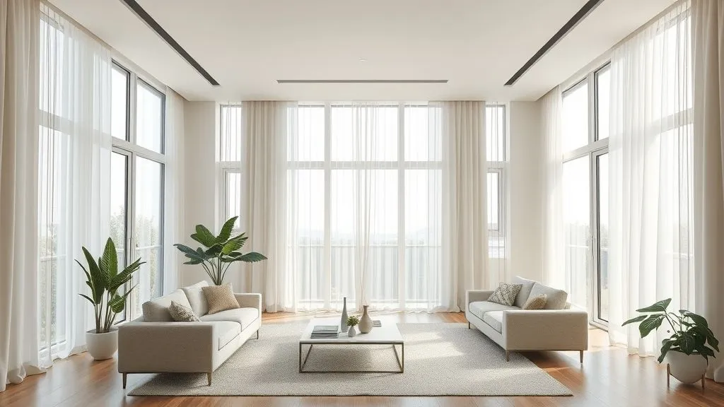 Modern Living Room Ideas for Every Style 8 Bright modern living room with floor-to-ceiling windows, sheer curtains, neutral palette, and natural light.