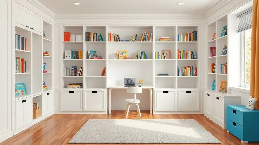 Kids’ room with built-in bookshelves and warm wooden tones.