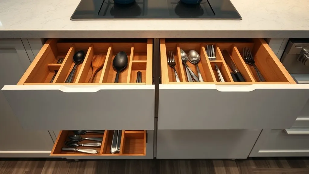 Kitchen and Pantry Organization 12 Full-view kitchen drawers with wooden dividers neatly organizing utensils.