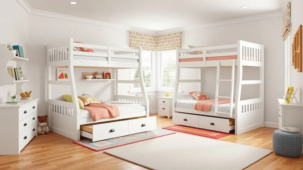 Kids’ bedroom with modern bunk beds and built-in storage drawers.