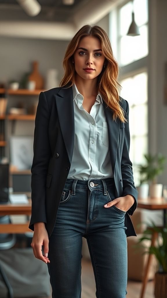 business casual outfits 8 Woman in dark jeans, white shirt, and blazer, showing polished business casual denim style.