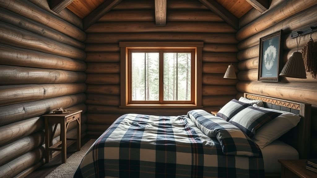 Rustic Cabin Interiors: The Ultimate Guide to Cozy and Natural Home Decor 6 Rustic cabin bedroom with log walls, warm lighting, and flannel bedding.
