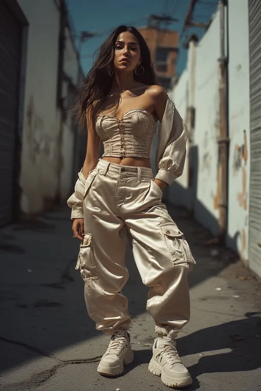 Stylish cargo pants paired with a corset top and sneakers for a modern streetwear Y2K look.