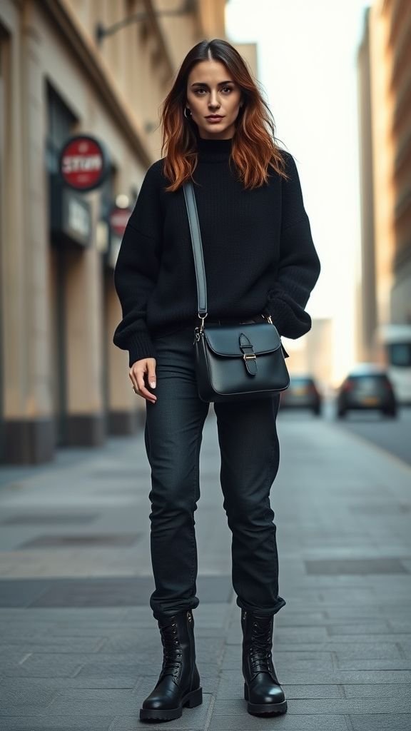Elegant All Black Outfit Trends 3 Casual chic black outfit with oversized sweater, jeans, and chunky boots