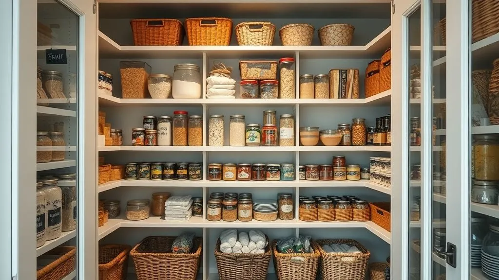 Kitchen and Pantry Organization 4 Full-view pantry with labeled and categorized shelves featuring baskets and jars in warm lighting.