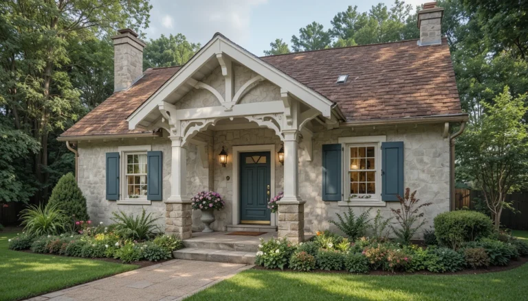 Charming countryside cottage with stone walls, flower garden, and warm sunlight creating a cozy, timeless atmosphere.