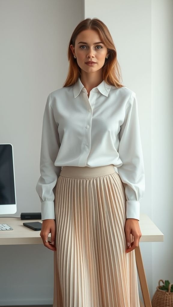 business casual outfits 4 Woman in white blouse and beige pleated skirt posing in a chic, business casual look.