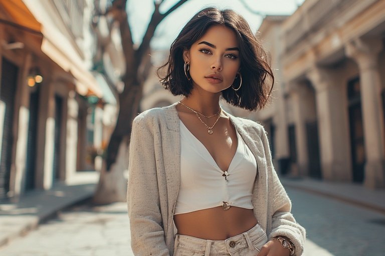 A stylish woman showcasing a sleek modern hairstyle and chic fashion look in an urban setting.