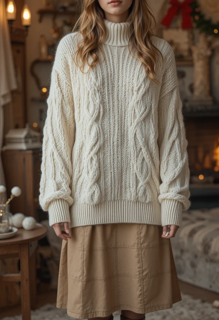 Cozy knitwear outfit featuring an oversized sweater with a skirt and boots in soft winter tones.