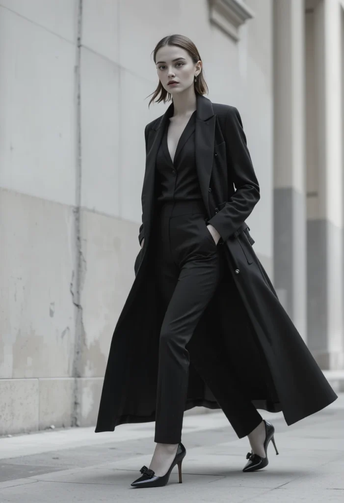 Monochrome office siren style — black blazer and trench coat creating a sleek and sophisticated professional look.
